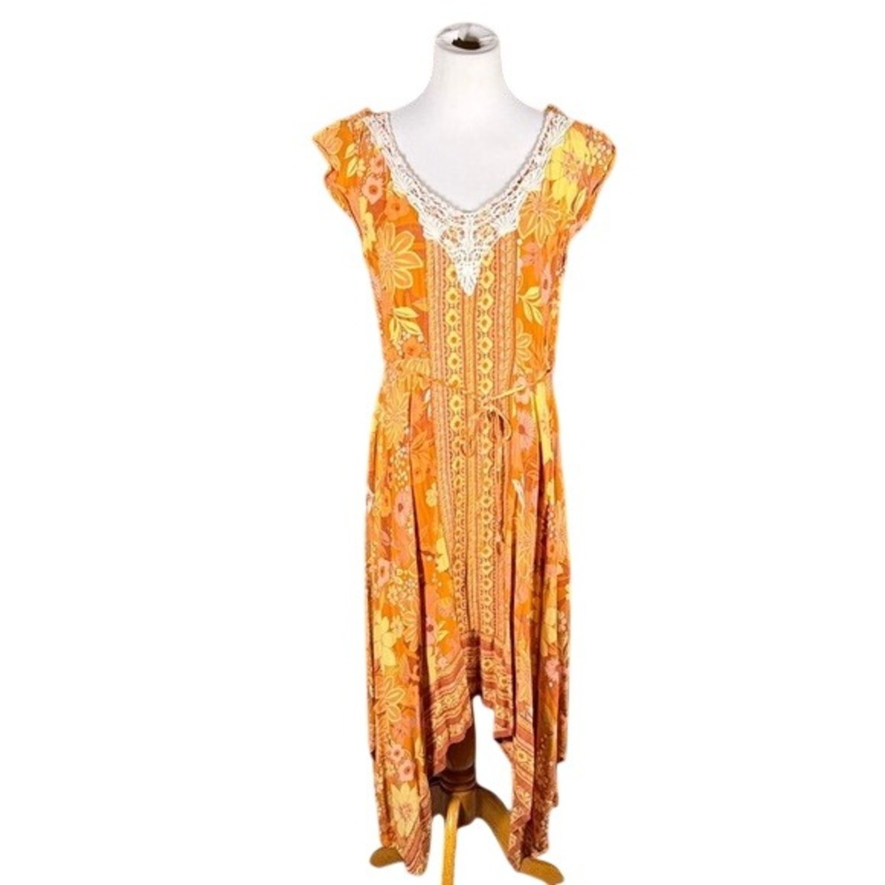 Lola P Floral‎ Lace V-Neck Handkerchief Hem Midi Dress Orange Yellow Womens M